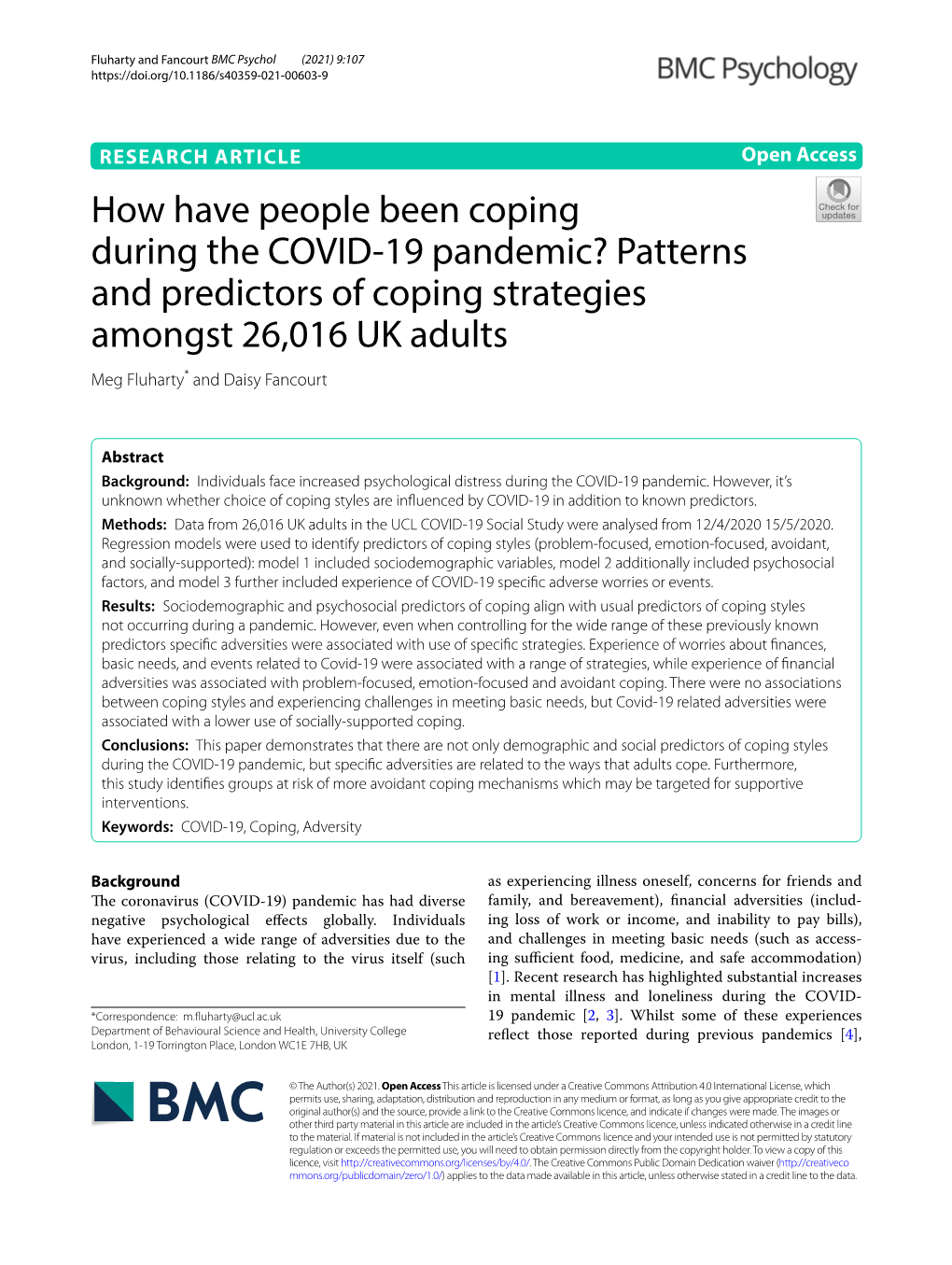 Patterns and Predictors of Coping Strategies Amongst 26,016 UK Adults Meg Fluharty* and Daisy Fancourt