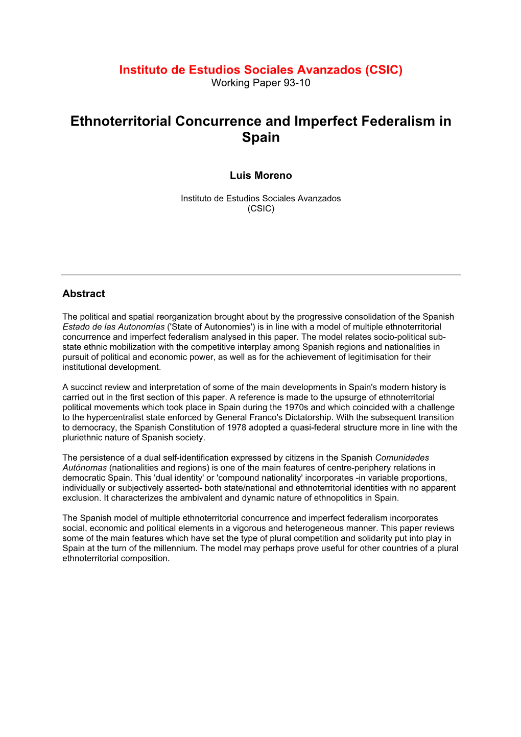 Ethnoterritorial Concurrence and Imperfect Federalism in Spain