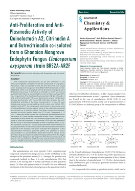 Anti-Proliferative and Anti-Plasmodia Activity of Quinolactacin A2