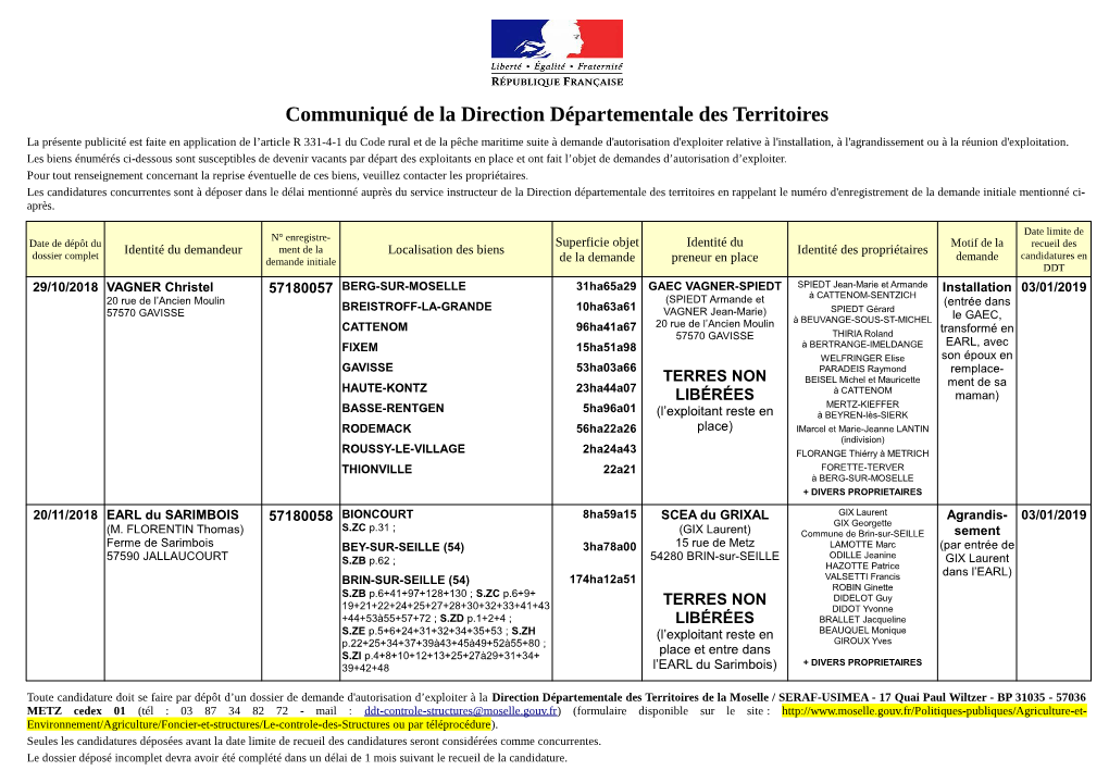 Communiqué De La Direction Départementale Des Territoires