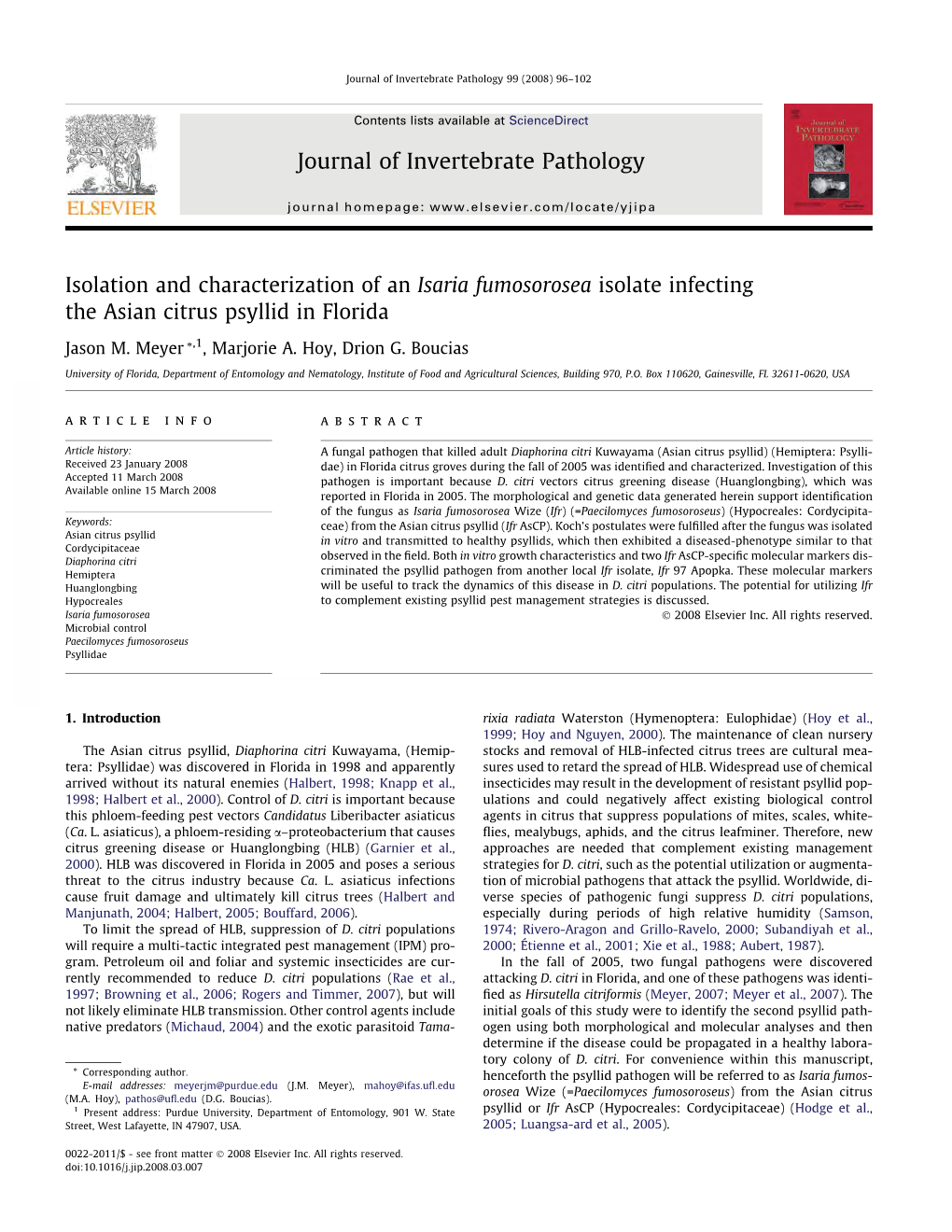 Isolation and Characterization of an Isaria Fumosorosea Isolate Infecting the Asian Citrus Psyllid in Florida