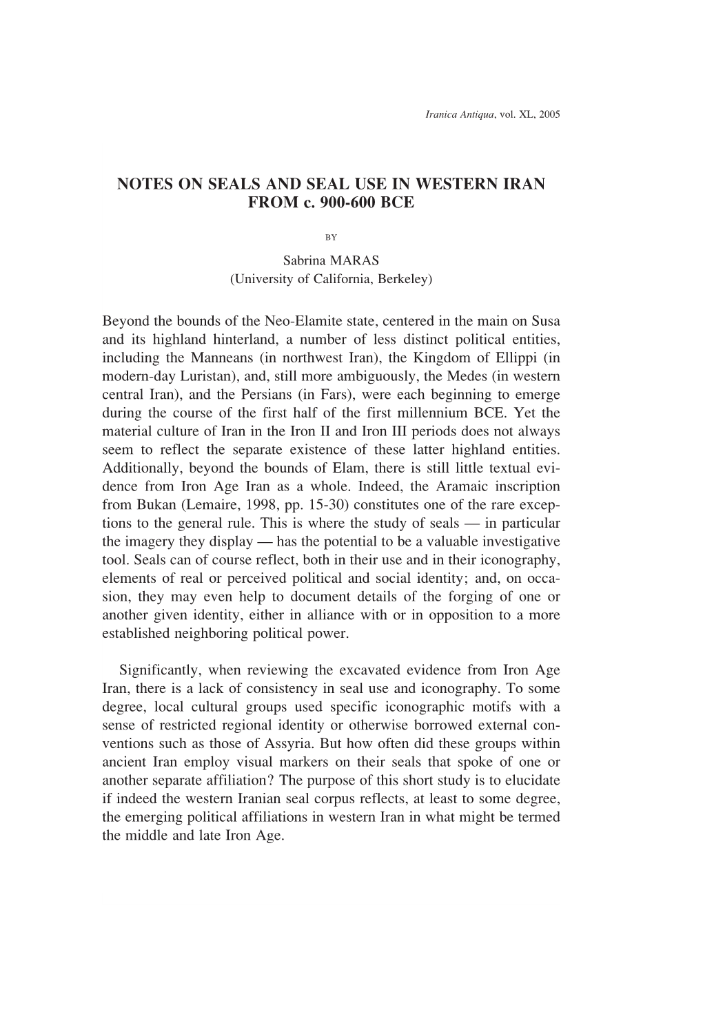 NOTES on SEALS and SEAL USE in WESTERN IRAN from C. 900-600 BCE