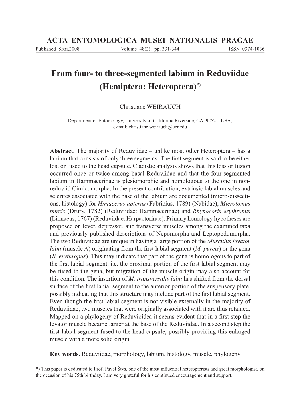 From Four- to Three-Segmented Labium in Reduviidae (Hemiptera: Heteroptera)*)