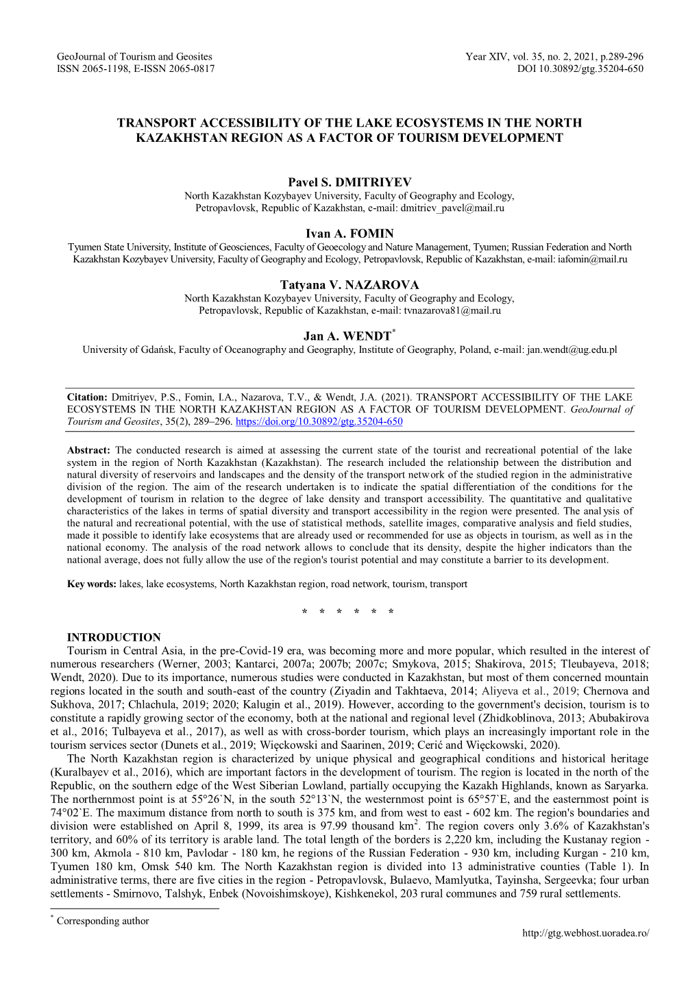 Transport Accessibility of the Lake Ecosystems in the North Kazakhstan Region As a Factor of Tourism Development