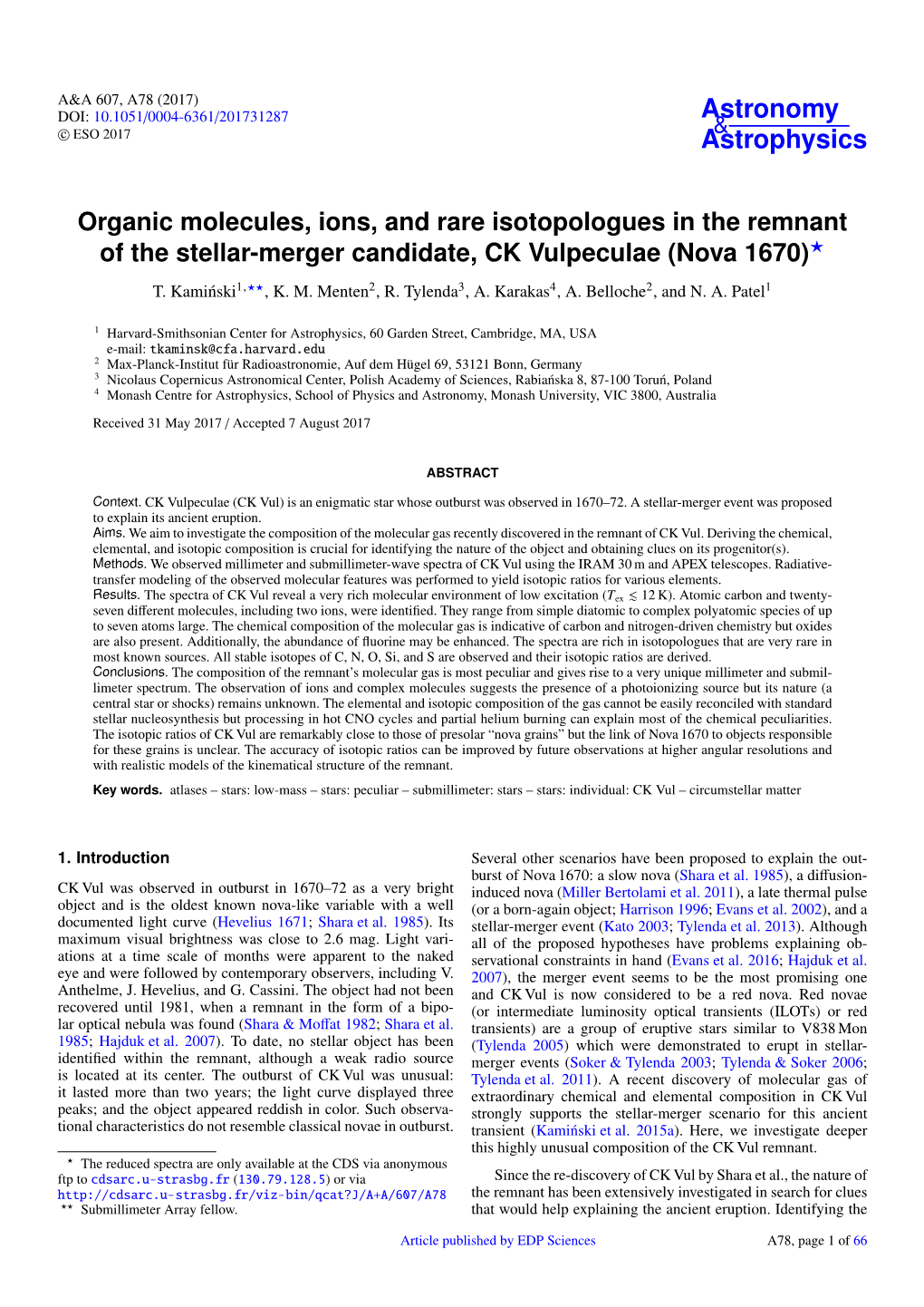 Organic Molecules, Ions, and Rare Isotopologues in the Remnant of the Stellar-Merger Candidate, CK Vulpeculae (Nova 1670)? T