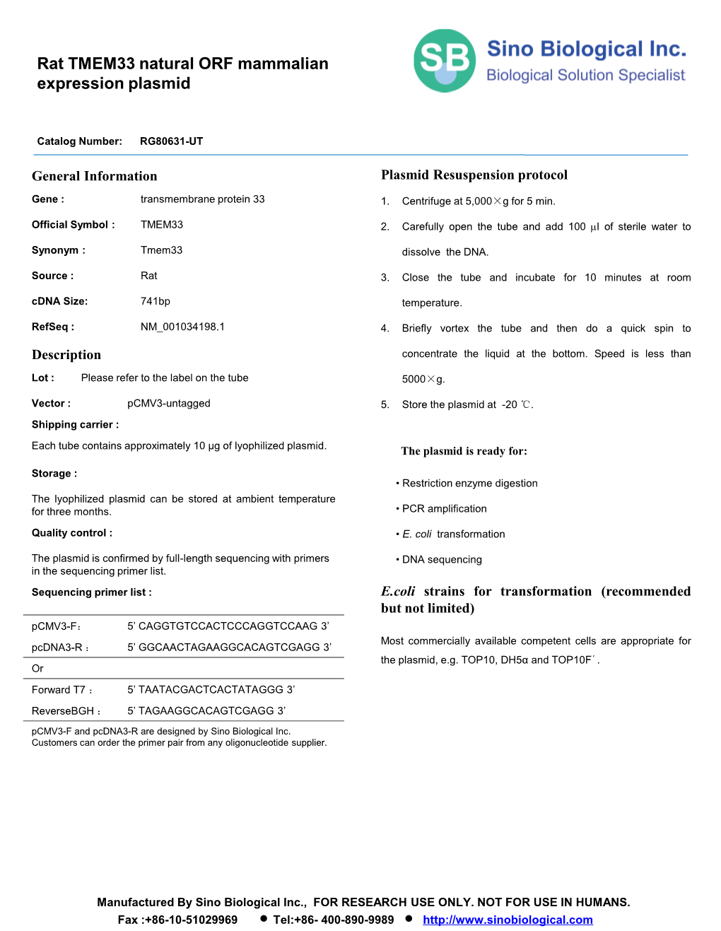 Rat TMEM33 Natural ORF Mammalian Expression Plasmid