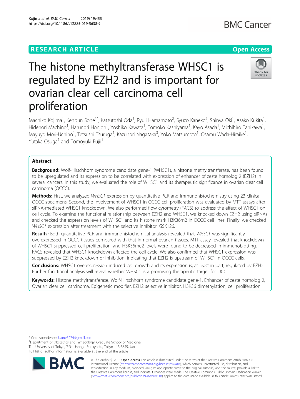 The Histone Methyltransferase WHSC1 Is Regulated by EZH2 and Is Important for Ovarian Clear Cell Carcinoma Cell Proliferation
