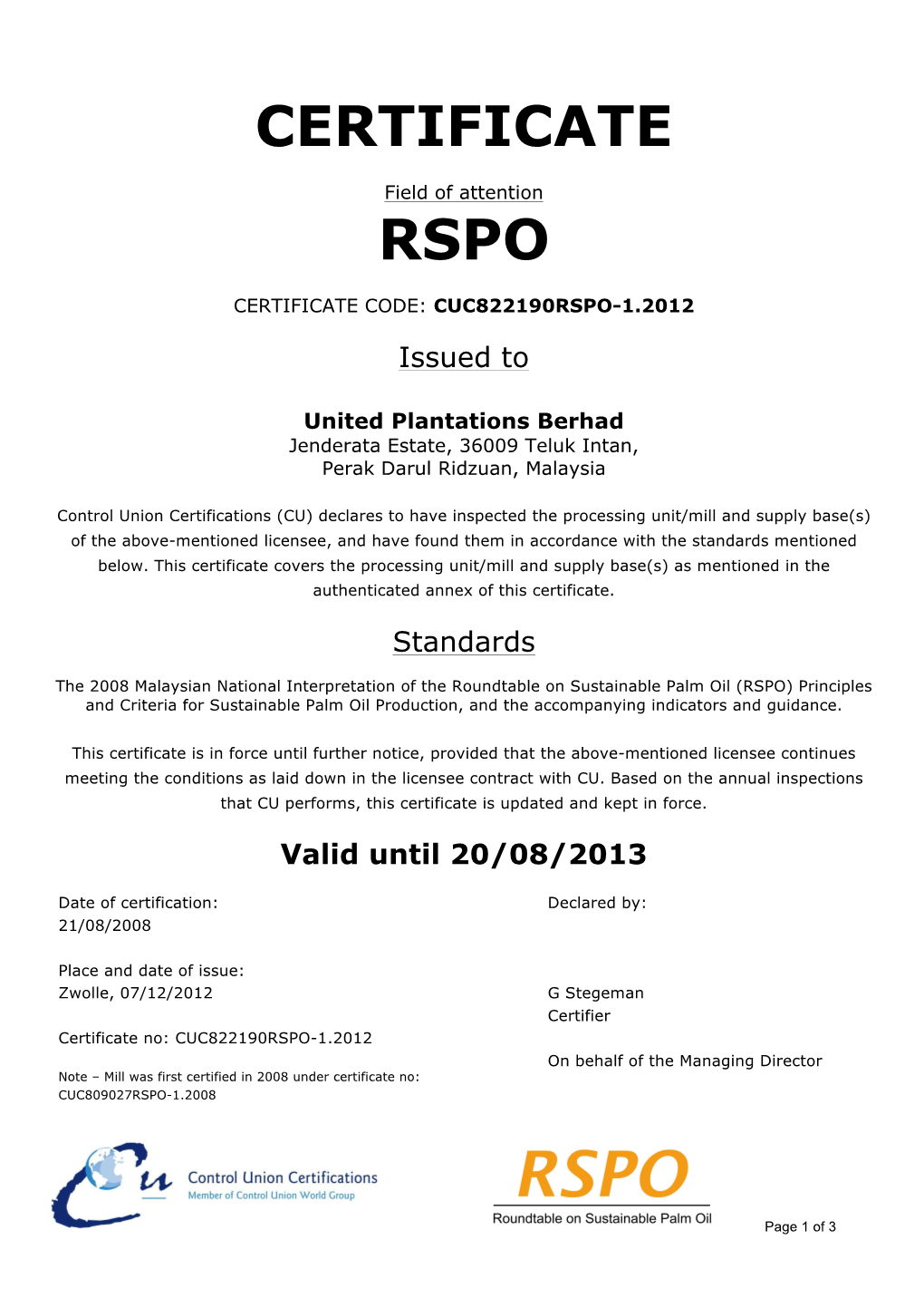 Certificate Rspo