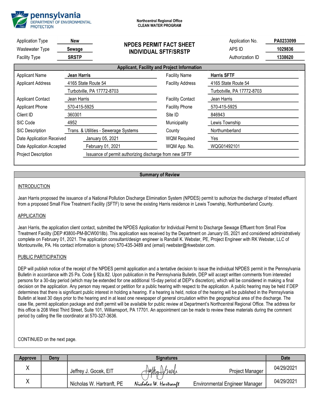 X X Npdes Permit Fact Sheet Individual Sftf/Srstp