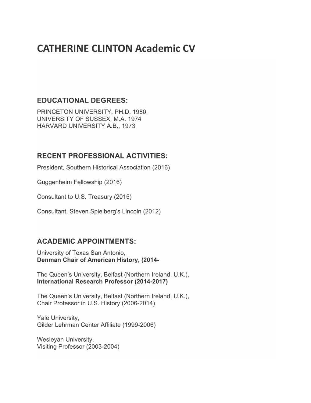 CATHERINE CLINTON Academic CV