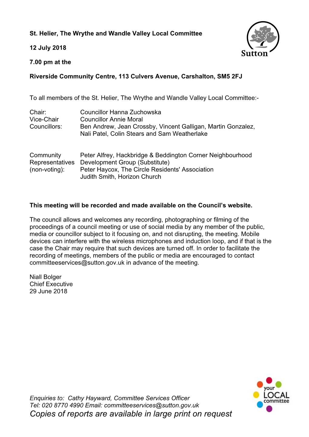 (Public Pack)Agenda Document for St. Helier, the Wrythe and Wandle Valley Local Committee, 12/07/2018 19:00