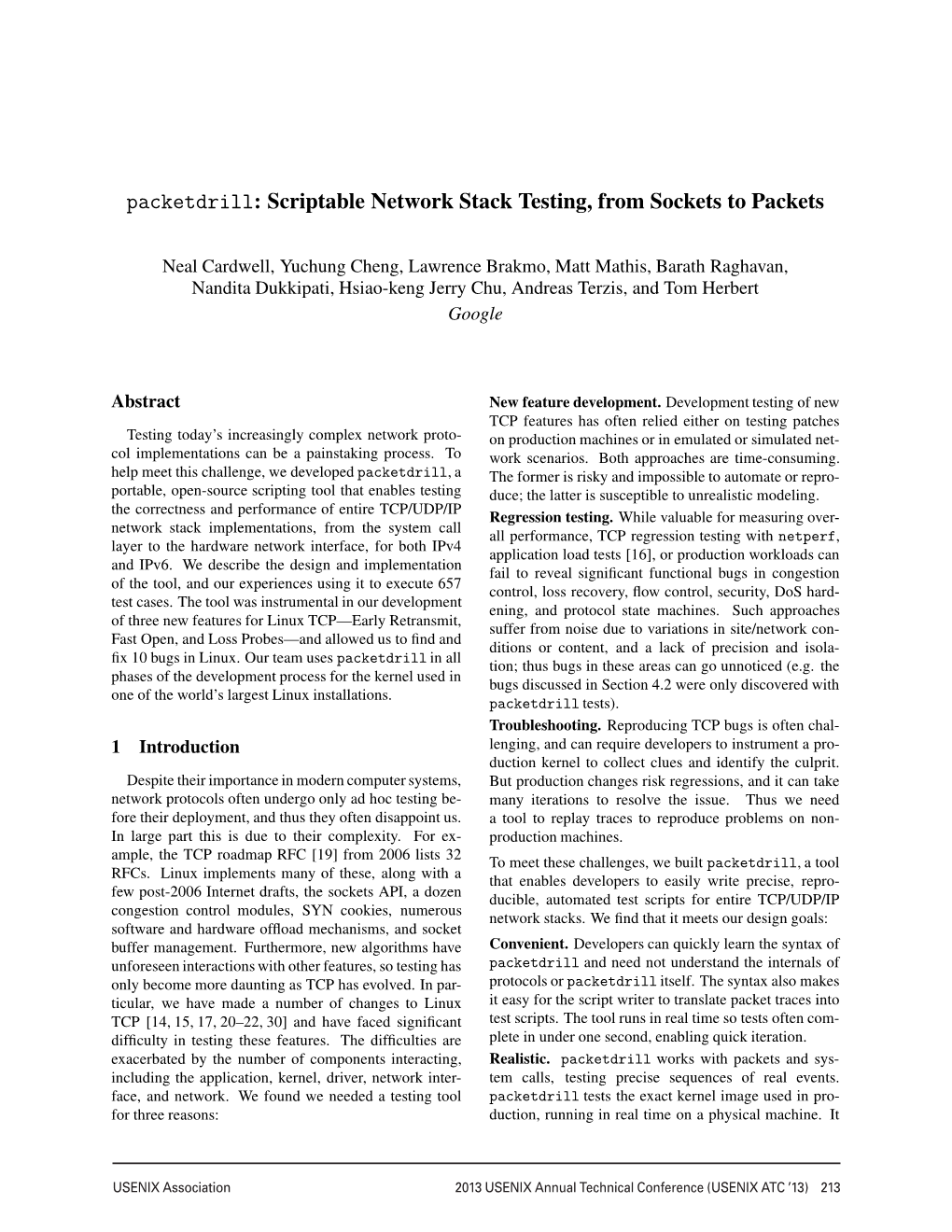 Packetdrill: Scriptable Network Stack Testing, from Sockets to Packets