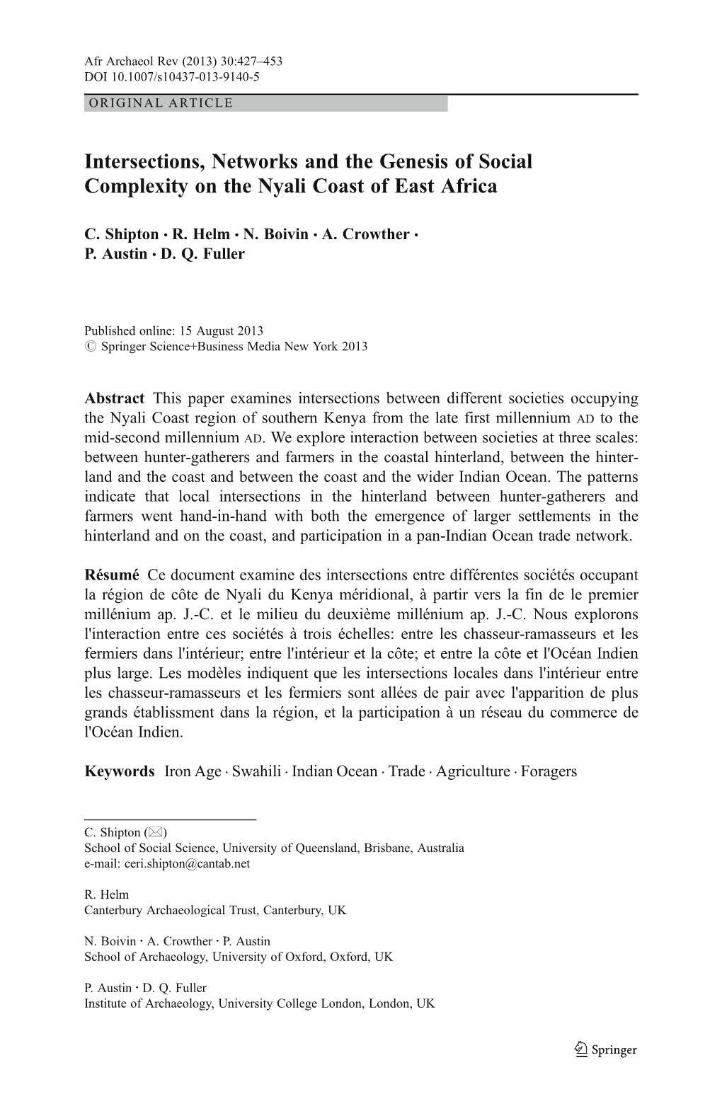 Intersections, Networks and the Genesis of Social Complexity on the Nyali Coast of East Africa