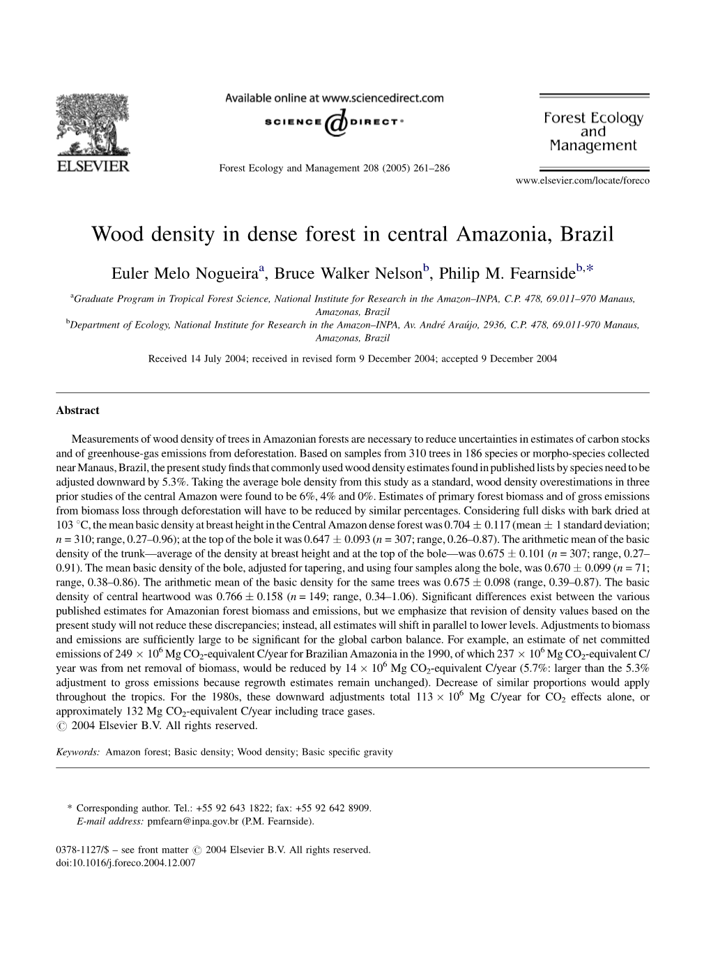 Wood Density in Dense Forest in Central Amazonia, Brazil