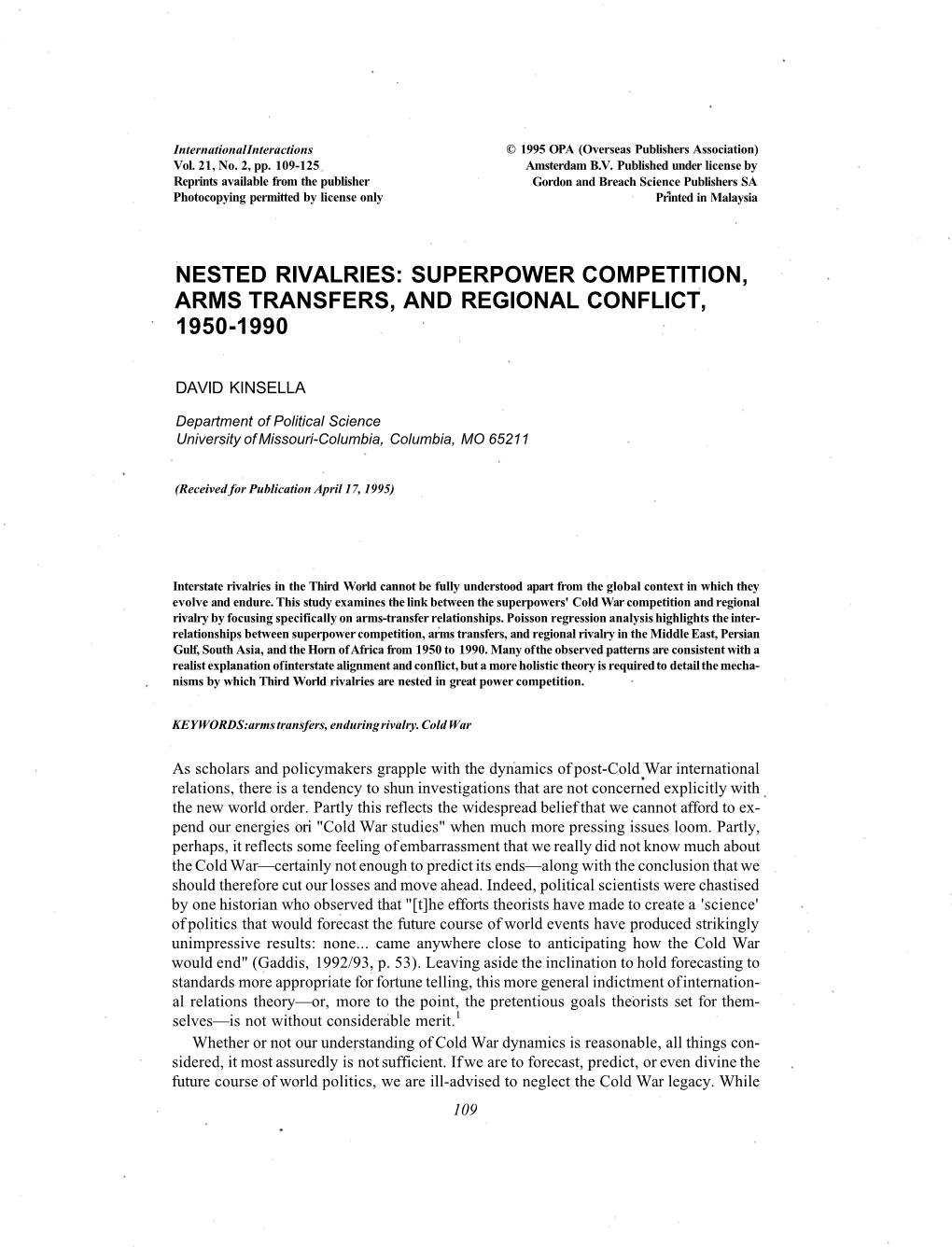 Nested Rivalries: Superpower Competition, Arms Transfers, and Regional Conflict, 1950-1990
