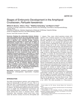 Stages of Embryonic Development in the Amphipod Crustacean, Parhyale Hawaiensis