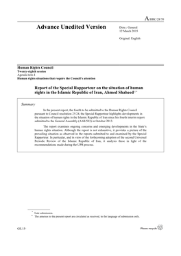 Report of the Special Rapporteur on the Situation of Human Rights in the Islamic Republic of Iran, Ahmed Shaheed*,**