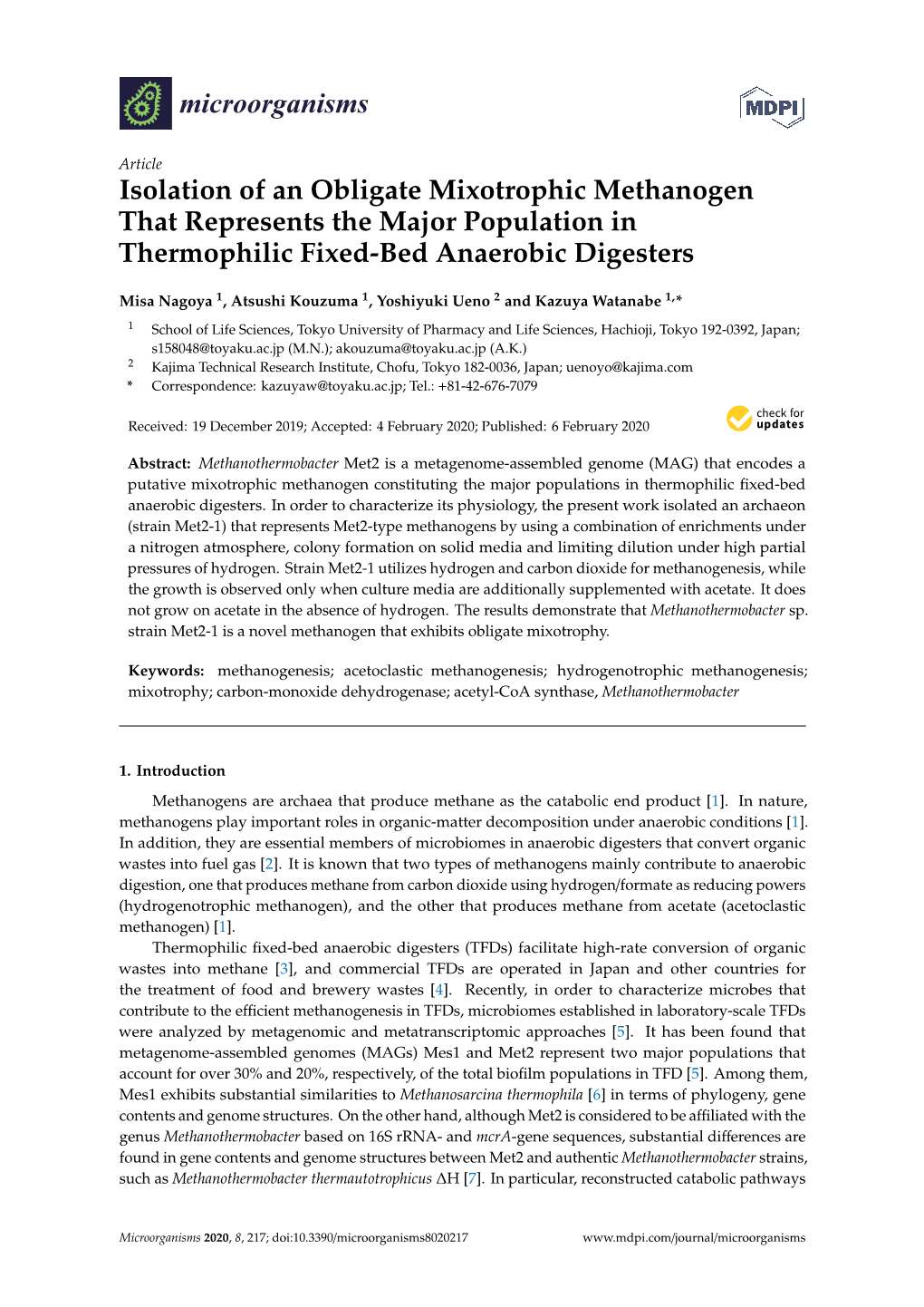 Isolation of an Obligate Mixotrophic Methanogen That Represents the Major Population in Thermophilic Fixed-Bed Anaerobic Digesters