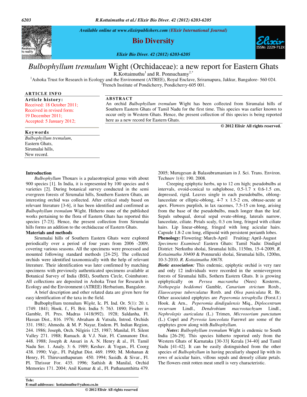 Bulbophyllum Tremulum Wight (Orchidaceae): a New Report for Eastern Ghats R.Kottaimuthu 1 and R