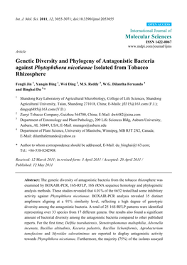 Genetic Diversity and Phylogeny of Antagonistic Bacteria Against Phytophthora Nicotianae Isolated from Tobacco Rhizosphere