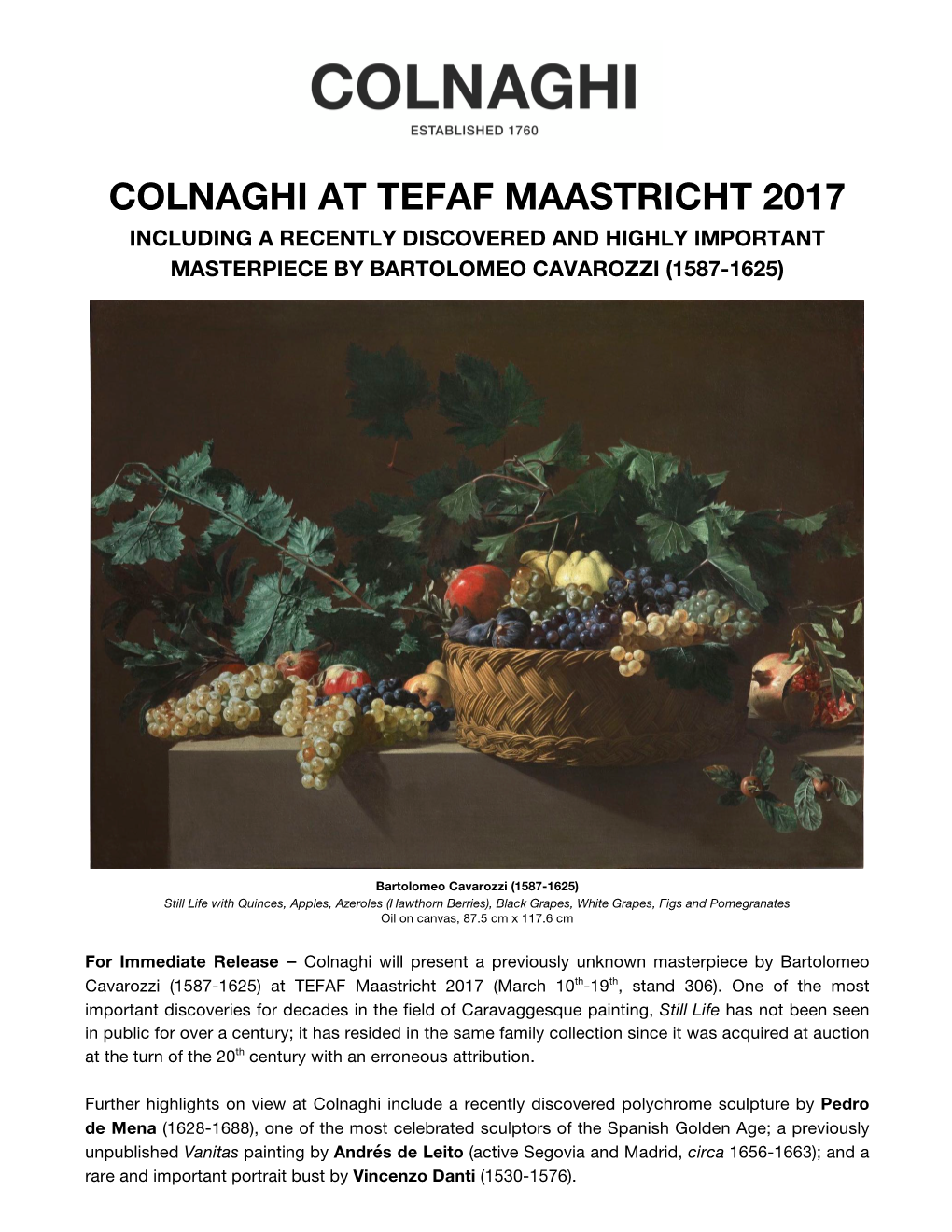 Colnaghi at Tefaf Maastricht 2017 Including a Recently Discovered and Highly Important Masterpiece by Bartolomeo Cavarozzi (1587-1625)