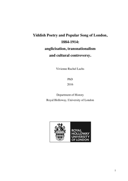 Yiddish Poetry and Popular Song of London, 1884-1914: Anglicisation, Transnationalism and Cultural Controversy