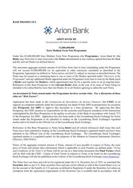 BASE PROSPECTUS ARION BANK HF. €2,000,000,000 Euro