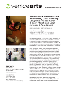 Venice Arts Celebrates 19Th Anniversary Gala, Honoring Long-Time Friends Karen & Dann Florek and Leigh Johnson & Tom