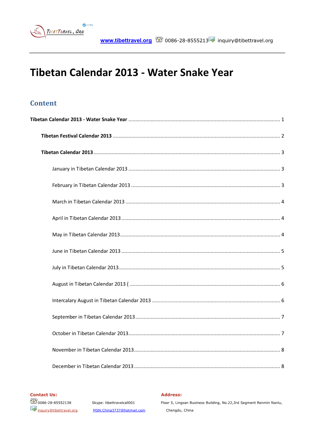 Tibetan Calendar 2013 - Water Snake Year