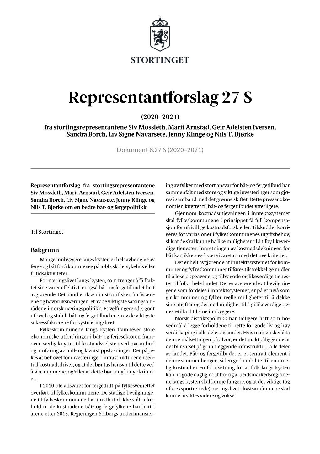 Representantforslag 27 S