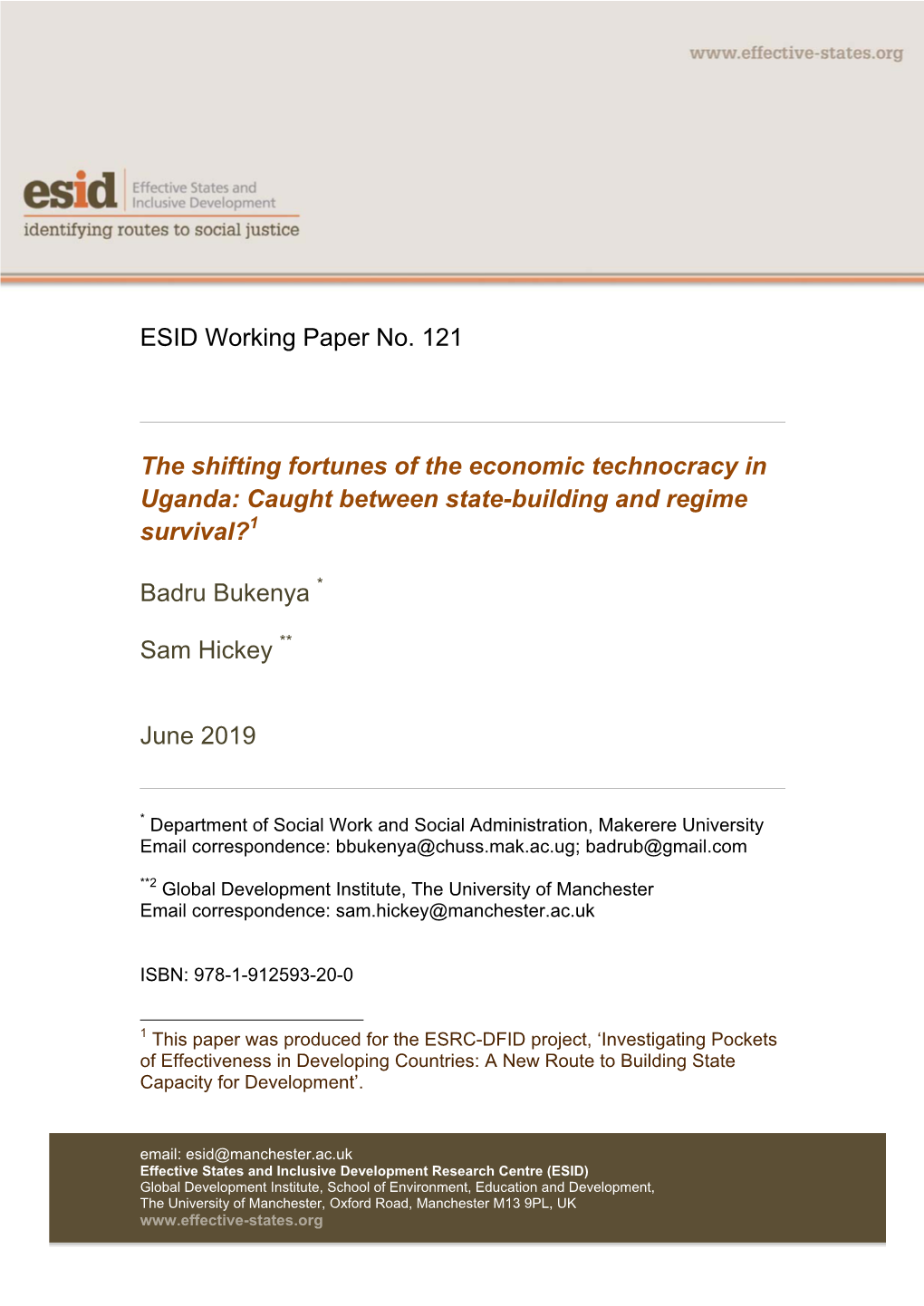 ESID Working Paper No. 121 the Shifting Fortunes of the Economic