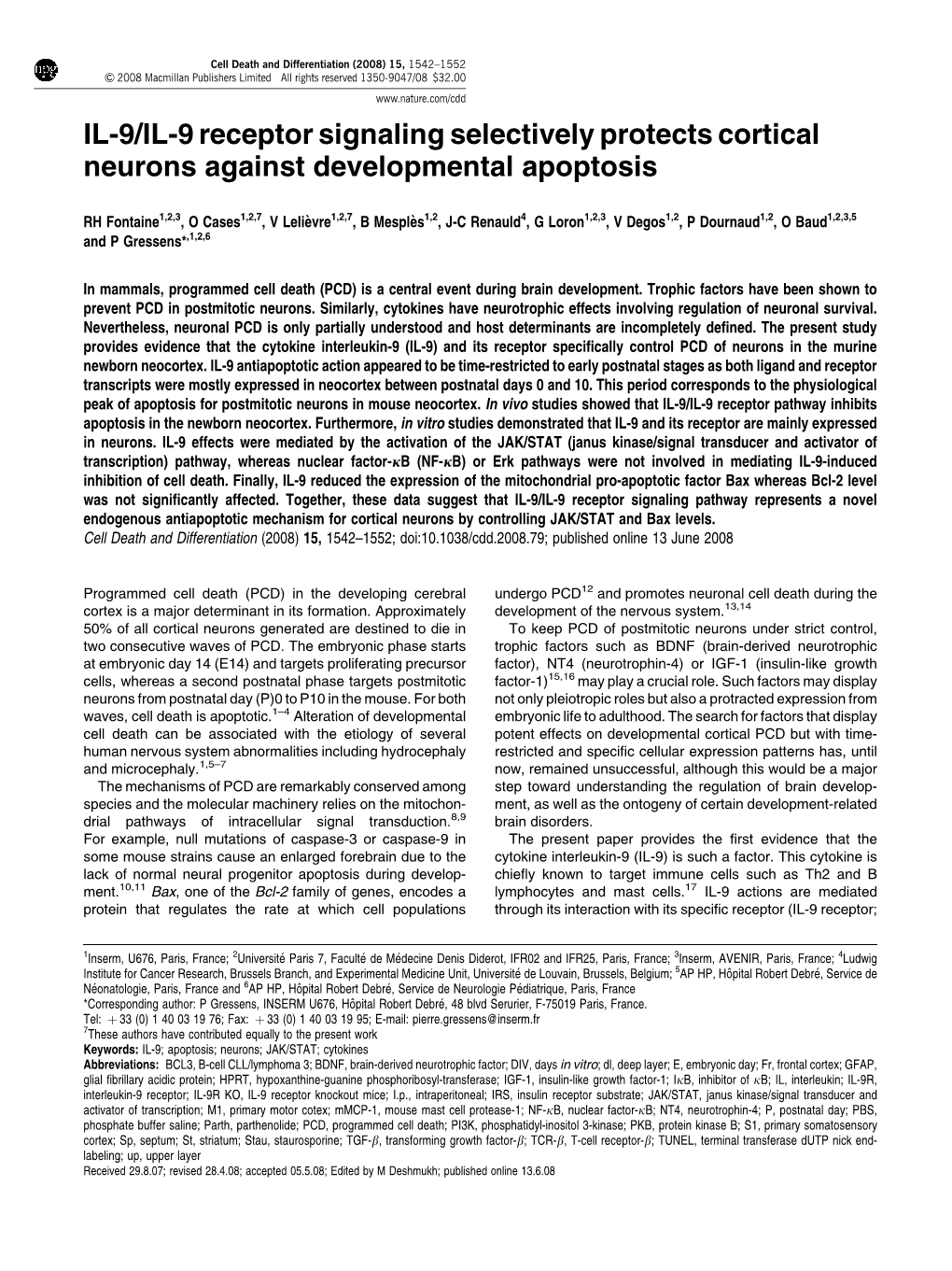 IL-9/IL-9 Receptor Signaling Selectively Protects Cortical Neurons Against Developmental Apoptosis