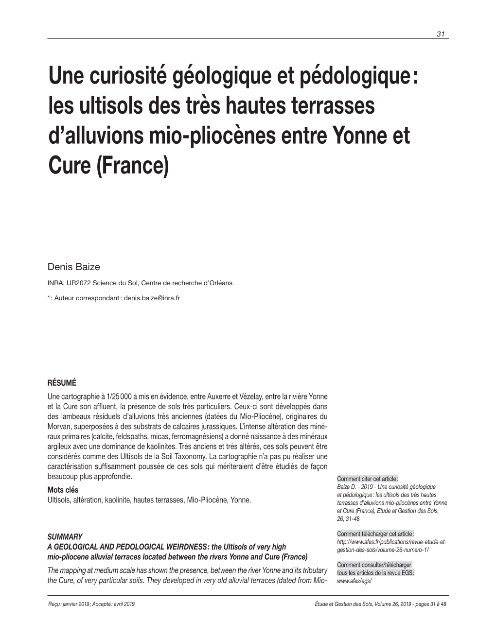 Une Curiosité Géologique Et Pédologique : Les Ultisols Des Très Hautes Terrasses D’Alluvions Mio-Pliocènes Entre Yonne Et Cure (France)