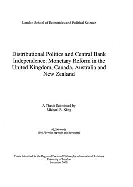 Distributional Politics and Central Bank Independence: Monetary Reform in the United Kingdom, Canada, Australia and New Zealand
