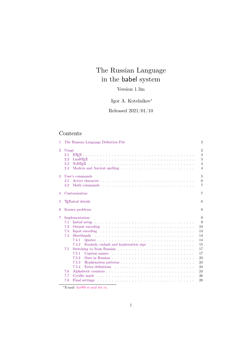 The Russian Language in the Babel System Version 1.3M