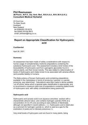 Report on Appropriate Classification for Hydrocyanic Acid