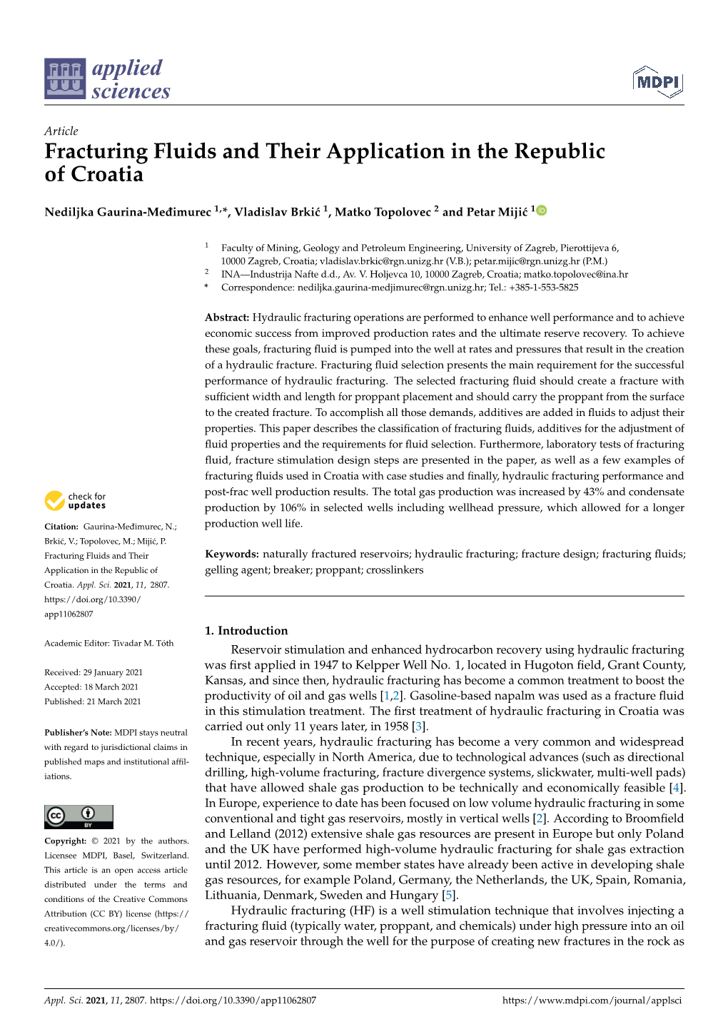 Fracturing Fluids and Their Application in the Republic of Croatia