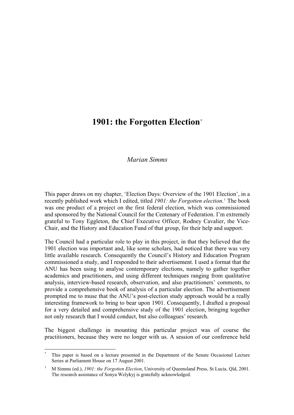 1901: the Forgotten Election*