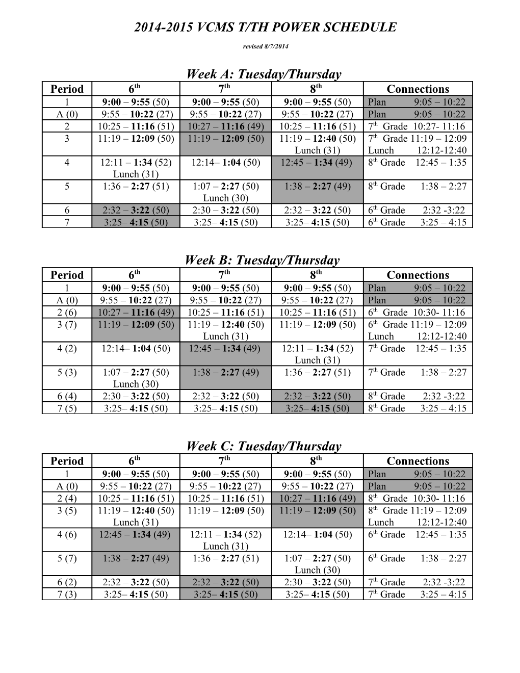 2014-2015 Vcms T/Th Power Schedule