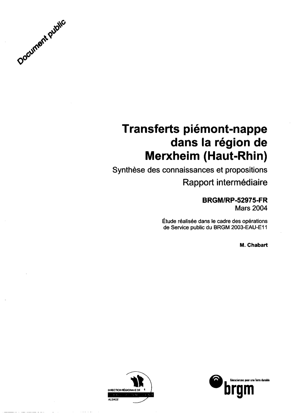 Transferts Piémont-Nappe Dans La Région De Memheim (Haut-Rhin) Synthèse Des Connaissances Et Propositions Rapport Intermédiaire