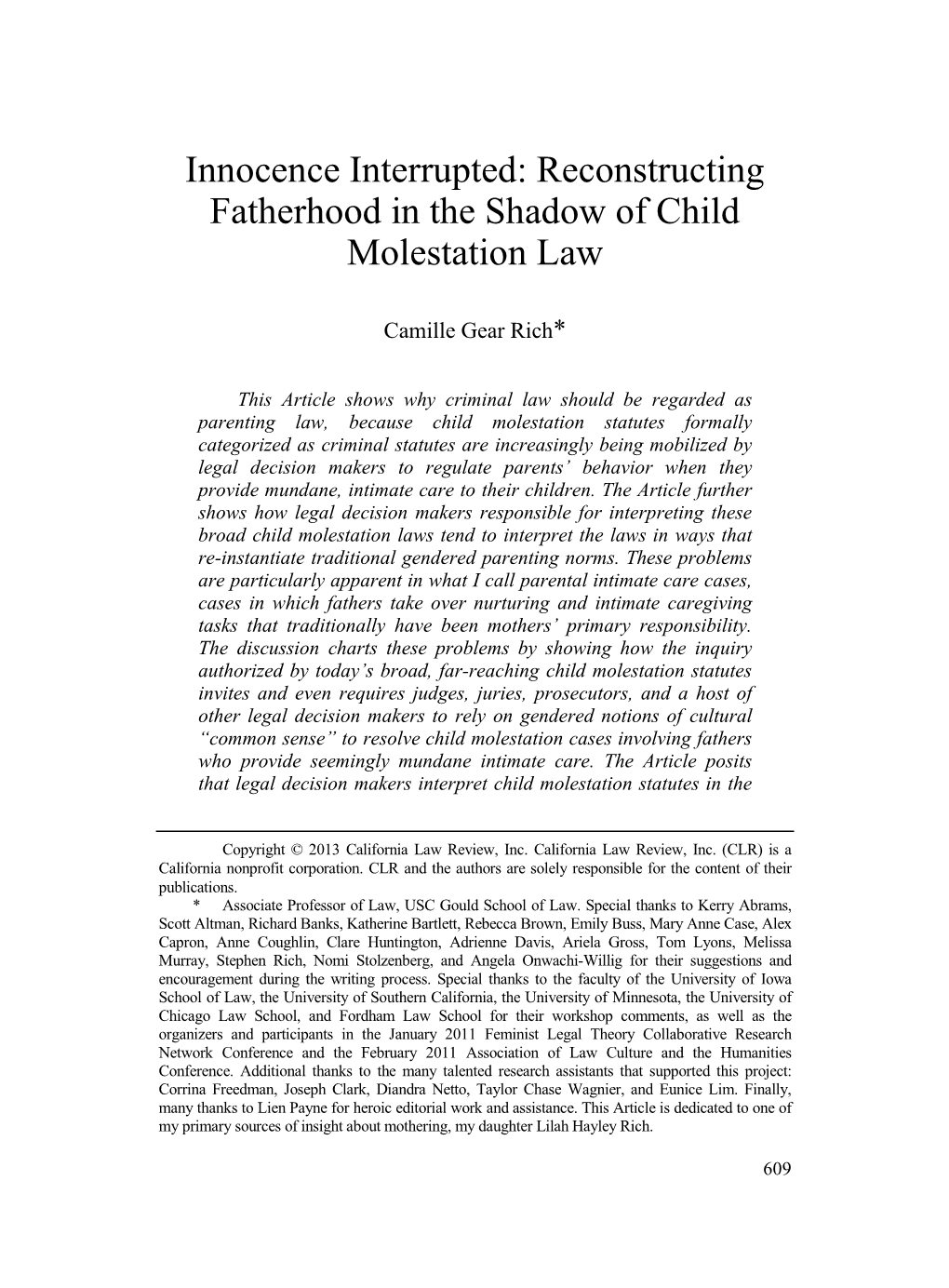 Innocence Interrupted: Reconstructing Fatherhood in the Shadow of Child Molestation Law