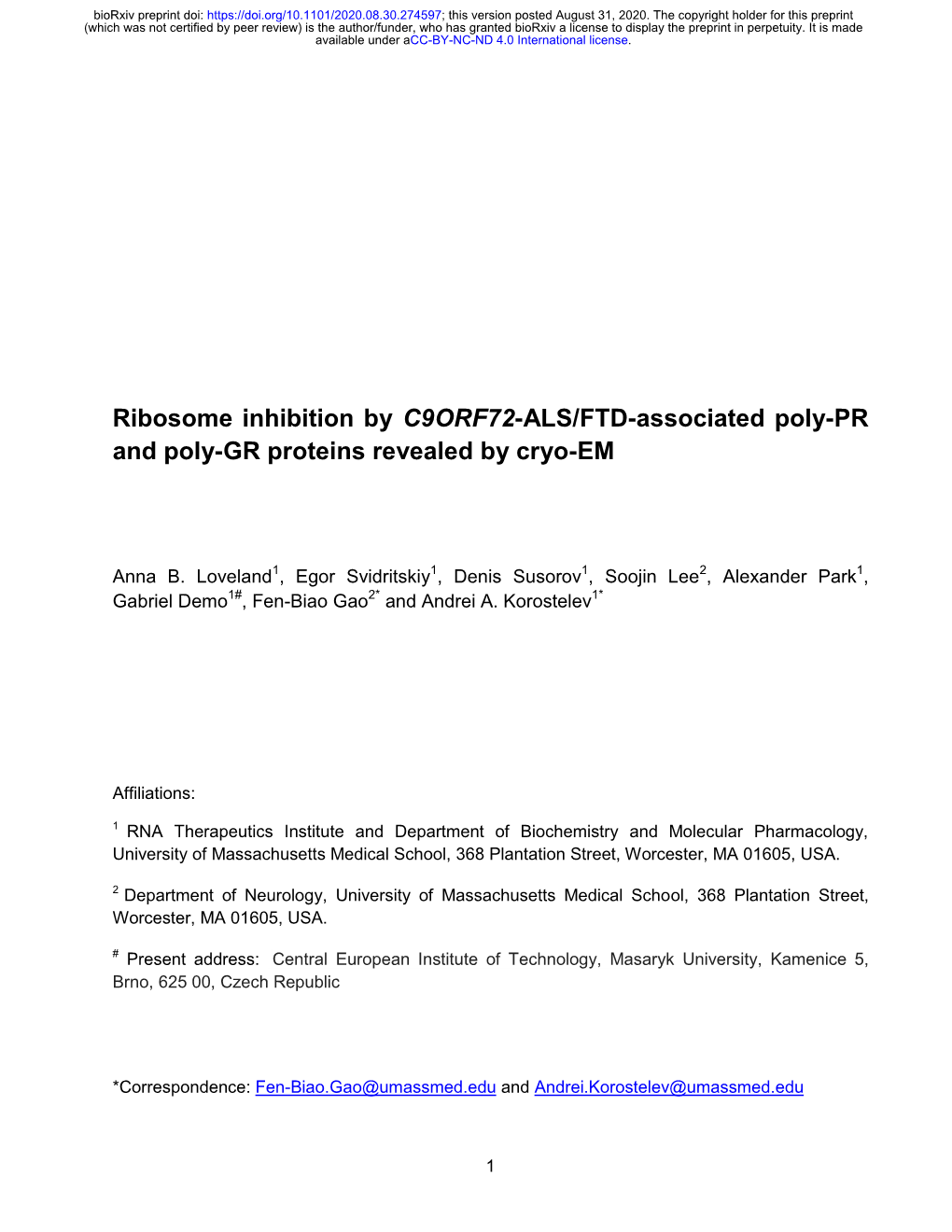 Ribosome Inhibition by C9ORF72-ALS/FTD-Associated Poly-PR and Poly-GR Proteins Revealed by Cryo-EM