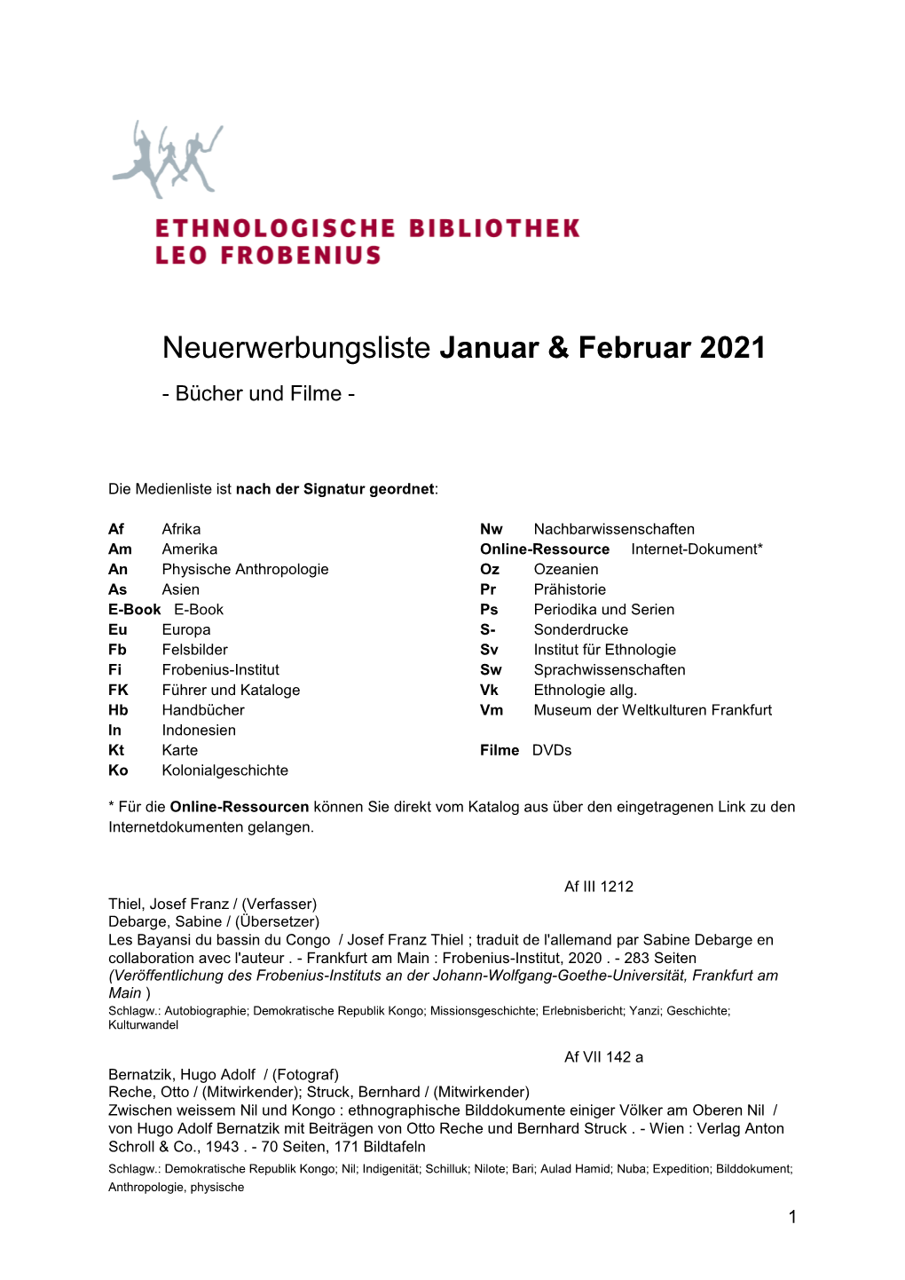 Neuerwerbungsliste Januar Und Februar 2021