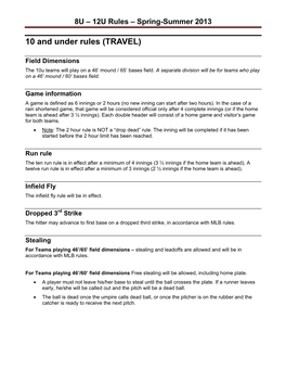 10 and Under Rules (TRAVEL)