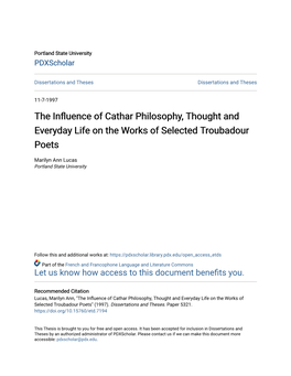 The Influence of Cathar Philosophy, Thought and Everyday Life on the Works of Selected Troubadour Poets