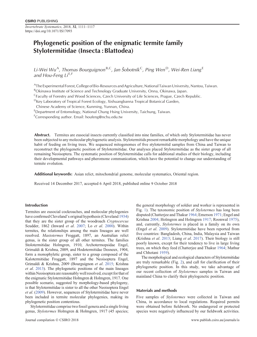 Phylogenetic Position of the Enigmatic Termite Family Stylotermitidae (Insecta : Blattodea)