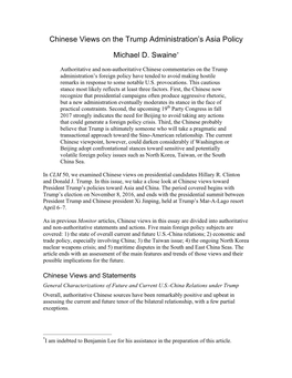 Chinese Views on the Trump Administration's Asia Policy Michael D. Swaine