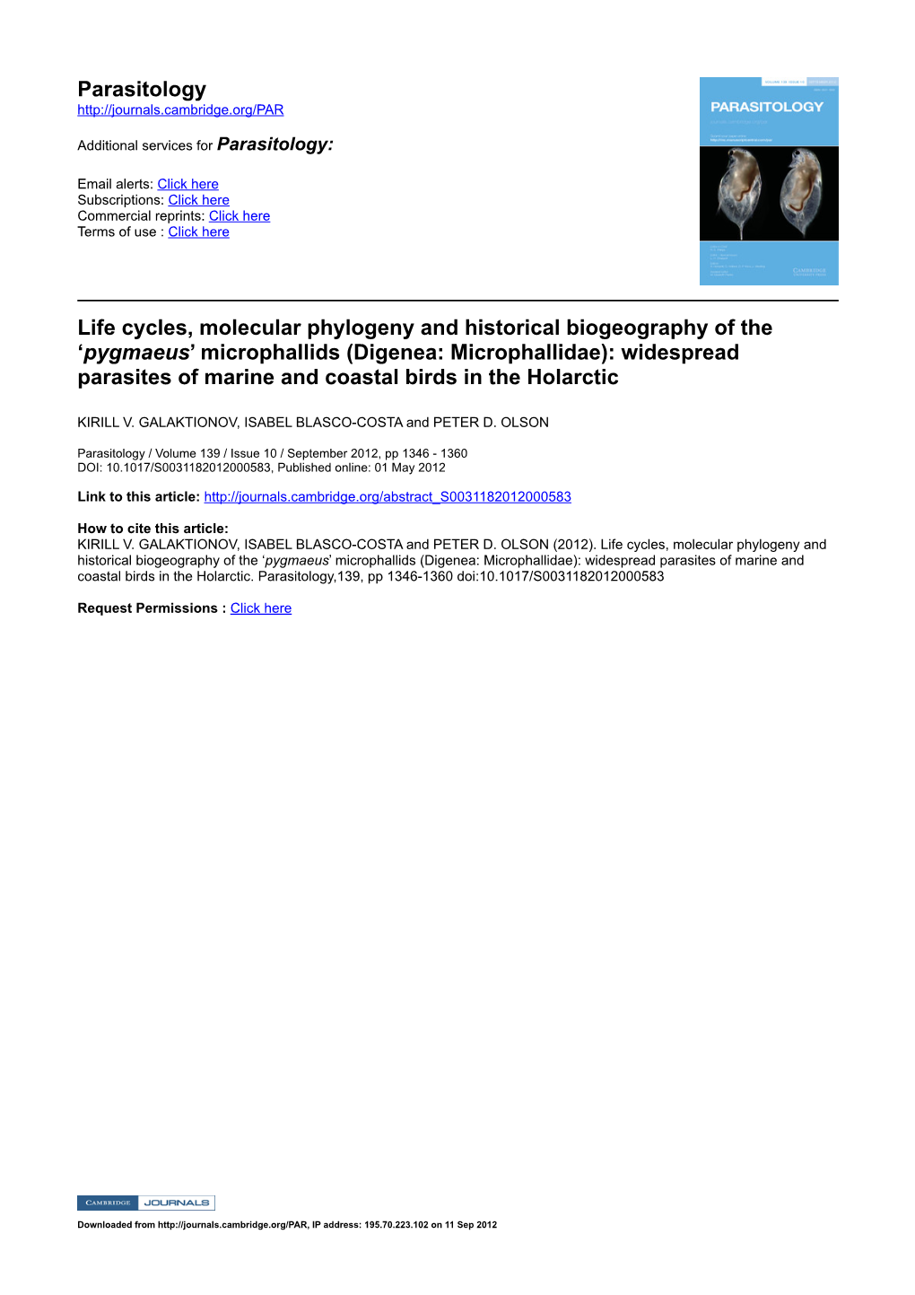 Pygmaeus’ Microphallids (Digenea: Microphallidae): Widespread Parasites of Marine and Coastal Birds in the Holarctic