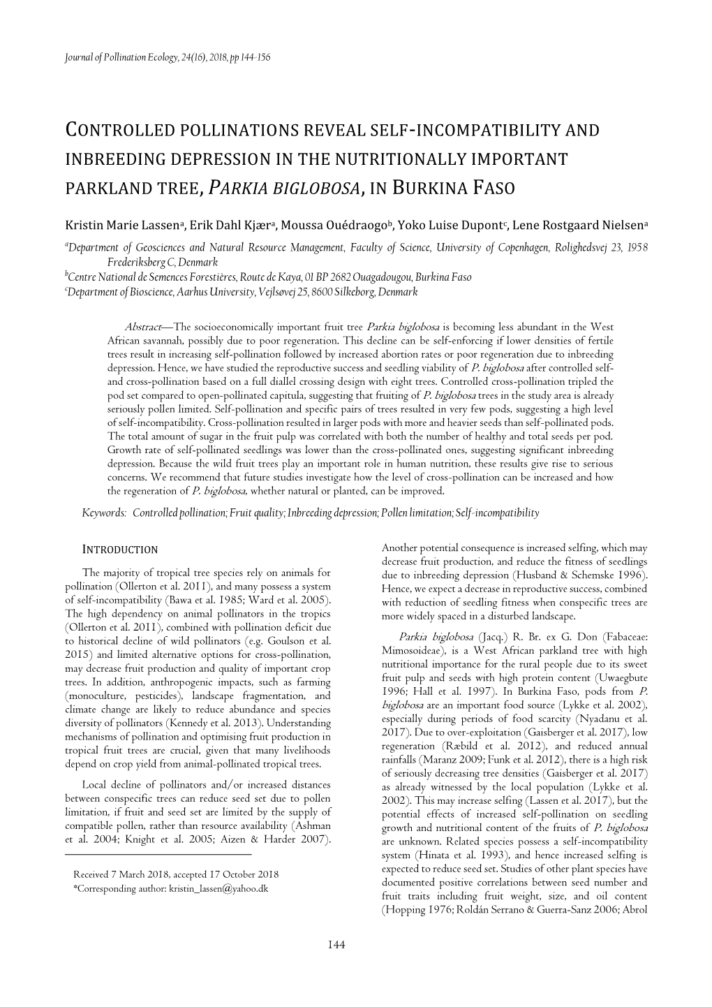 Controlled Pollinations Reveal Self-Incompatibility and Inbreeding Depression in the Nutritionally Important Parkland Tree, Parkia Biglobosa, in Burkina Faso