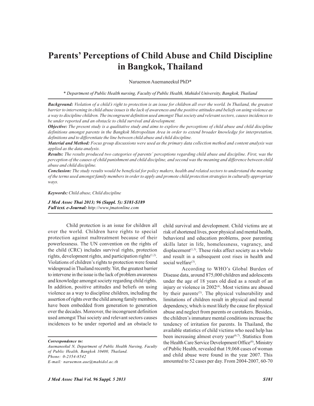 Parents' Perceptions of Child Abuse and Child Discipline in Bangkok